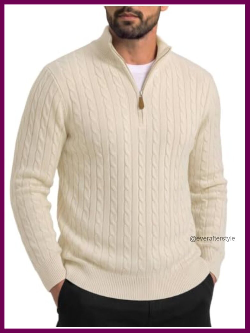 Men's Quarter Zip Pullover Sweater Cable Knit Mock Neck Long Sleeve